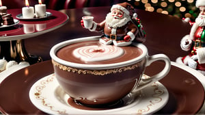 Best quality, masterpiece, absurdres, commercial featuring a very ornamented and classy white cup of hot chocolate with a santa claus chocolate figurine floating on the center of the chocolate, classy comfy cozy and girly cafeteria advertising