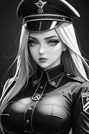 super fine illustration,masterpiece, best quality,{beautiful detailed eyes},1girl, massively big breasts, black nazi uniform, whip in hand, blonde,finely detail,Depth of field, 4k wallpaper,pencil sketch,more detail XL, monochrome ,lineart