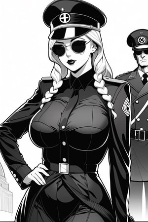 super fine illustration,masterpiece, best quality,{beautiful detailed eyes},1girl, massively big breasts, black nazi uniform, whip in hand, blonde girl with sunglasses,finely detail,full body shot, portrait, 4k wallpaper,pencil sketch,more detail XL, monochrome ,lineart,LineAniAF