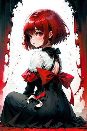 female,(masterpiece, best quality, ultra detailed, absurdres)1.5,white shirt black dress neck ribbon,1girl short hair,demonictech, red hair, bangs, sitting, from_behind, looking_at_viewer, looking back