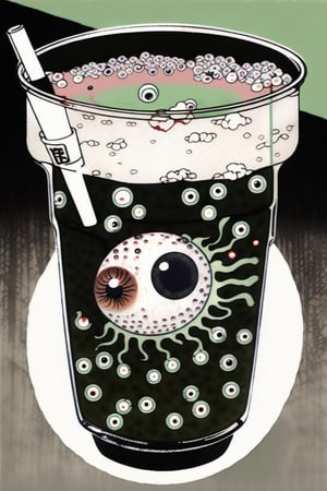 best quality, masterpiece, absurdres, boba tea but instead of bobas it's eyeballs, horror, gore, matcha, transparent cup full of eyeballs floating,Ukiyo-e