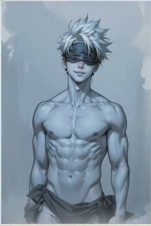 focus straight_shota,  Gojo Satoru,  full body,  Muscular body, 2 eyes covered,  blindfolded,  Jujutsu kaisen,  mix of fantasy and realism,  special effects,  fantasy,  ultra hd,  hdr,  4k,  realhands,  neutral smile face,  perfect, , , , , 
Sexy Muscular,realhands