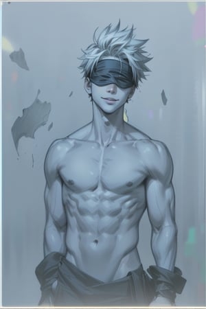 focus straight_shota,  Gojo Satoru,  full body,  Muscular body, 2 eyes covered,  blindfolded,  Jujutsu kaisen,  mix of fantasy and realism,  special effects,  fantasy,  ultra hd,  hdr,  4k,  realhands,  neutral smile face,  perfect, , , , , 
Sexy Muscular,realhands