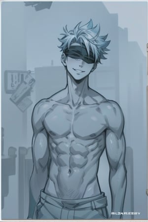 focus straight_shota,  Gojo Satoru,  full body,  Muscular body, 2 eyes covered,  blindfolded,  Jujutsu kaisen,  mix of fantasy and realism,  special effects,  fantasy,  ultra hd,  hdr,  4k,  realhands,  neutral smile face,  perfect, , , , , 
Sexy Muscular,realhands