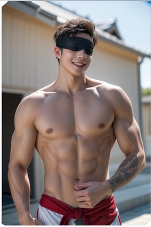 focus straight_shota,  Gojo Satoru,  full body,  Muscular body, ((2 eyes covered)) ((blind)), no cloth, naked,  blindfolded,  Jujutsu kaisen,  mix of fantasy and realism,  special effects,  fantasy,  ultra hd,  hdr,  4k,  realhands,  neutral smile face,  perfect, temple background
Sexy Muscular,realhands