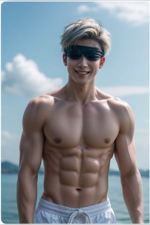 focus straight_shota,  Gojo Satoru,  full body,  Muscular body, ((2 eyes covered)) ((blind)), white hair, no cloth, naked,  blindfolded,  Jujutsu kaisen,  mix of fantasy and realism,  special effects,  fantasy,  ultra hd,  hdr,  4k,  realhands,  neutral smile face,  perfect, temple background
Sexy Muscular,realhands