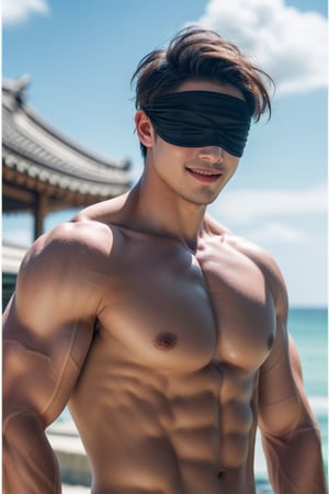 focus straight_shota,  Gojo Satoru,  full body,  Muscular body, ((2 eyes covered)) ((blind)), no cloth, naked,  blindfolded,  Jujutsu kaisen,  mix of fantasy and realism,  special effects,  fantasy,  ultra hd,  hdr,  4k,  realhands,  neutral smile face,  perfect, temple background
Sexy Muscular,realhands
