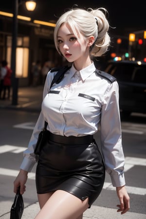 ((Masterpiece)), ((High Quality)), officer costume, ultra-realistic, ultra-detailed, 1 female, low-cut, 34D beautiful breasts, cute, looking up, professional lighting, standing, long black and white hair, perfect body, blushing, shy, sexy skirt , outdoor, low angle, Taiwan's lady