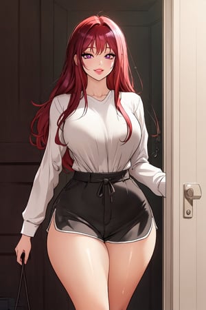 masterpiece, best quality, highly detailed background, perfect lighting, best quality, (extremely detailed face), volumetric lighting, intricate details, shadow, tonemapping, sharp focus, hyper detailed, trending on Artstation, (solo)
BREAK
(pale skin, red hair, straight hair, hair down, purple eyes, long hair, wide hips, curvy_figure, thick-thighs, curvy, curvy_hips, slender_waist, big breasts, lips)
BREAK
(Dolphin shorts, white shirt)
BREAK
(indoors, livingroom, walking trough door)
BREAK
(Standing, looking at viewer, light smile, front view)