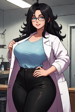 masterpiece, best quality, highly detailed background, perfect lighting, best quality, (extremely detailed face), volumetric lighting, intricate details, shadow, tonemapping, sharp focus, hyper detailed, trending on Artstation, (solo)
BREAK
(Black hair, curly hair,long hair, hair down, ahoge, blue eyes, wide hips, curvy_figure, thick-thighs, curvy, curvy_hips, slender_waist, big breasts, lips, glasses)
BREAK
(Black pants, labcoat over t-shirt)
BREAK
(Indoors, lab)
BREAK
(Looking at viewer, standing, front-view, light smile)