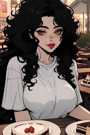 (extremely detailed face) (solo)

Long hair, gray eyes, black hair, lips, curly hair, big hair, hair down, freckles, lips,

(Oversized clothes,oversized white t-shirt)

Outdoors, restaurant

(sitting at table, light smile, puckered lips,upper body, looking at viewer, piece of cake)