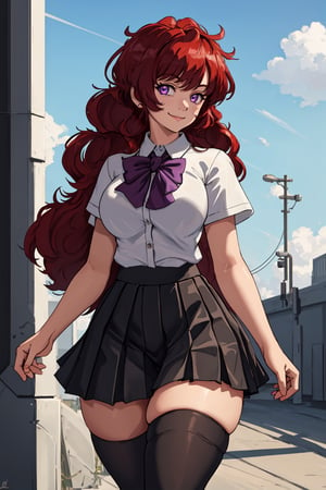 masterpiece, best quality, highly detailed background, perfect lighting, best quality, (extremely detailed face), volumetric lighting, intricate details, shadow, tonemapping, sharp focus, hyper detailed, trending on Artstation, (solo)
BREAK
(Red hair, curly hair, big hair purple eyes, long hair, wide hips, hair down, curvy_figure, thick-thighs, curvy, curvy_hips, slender_waist), (hands)
BREAK
(school uniform, white shirt, black skirt, pleated skirt, black legwear, short sleeves, buttons)
BREAK
(school, sky background, clouds)
BREAK
Closed_mouth, light smile, looking at viewer, front view