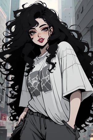 (extremely detailed face) (solo)

Long hair, gray eyes, black hair, lips, curly hair, big hair, hair down, freckles, lips,

(Oversized clothes,oversized t-shirt,Oversized pants)

Outdoors, park 

(walking, light smile, puckered lips, looking at viewer, front view, facing viewer, pockets)