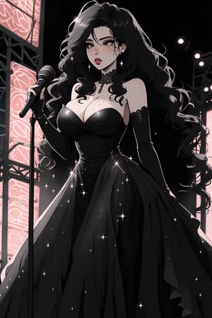 (extremely detailed face) (solo)

Long hair, gray eyes, black hair, lips, curly hair, big hair, hair down, freckles, lips,

(wearing BlackDress, long dress, sparkle, bare shoulders, sleeveless, long gloves, strapless, tube dress, plunguing neckline, cleavage)

indoors, cabaret, lights, stage

(standing, looking away, parted lips, holding microphone)