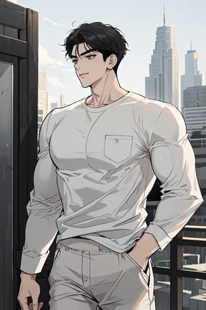 masterpiece,  best quality,  highly detailed background,  perfect lighting,  best quality,  (extremely detailed face),  volumetric lighting,  intricate details,  shadow,  tonemapping,  sharp focus,  hyper detailed,  trending on Artstation,  (solo)
BREAK
(Jaekjung, male, gray eyes, black hair,  muscular male, medium hair, tall male, strong male, big muscles, undercut)
BREAK
(white pants, white  t-shirt, long sleeves, pockets)
BREAK
outdoors, city, sky background
BREAK
cowboy shot, Looking away, walking, closed mouth, light smile, 