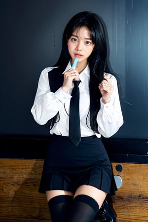 1girl,bangs,black footwear,black hair,black necktie,black skirt,brown eyes,collared shirt,long hair,long sleeves,looking at viewer,necktie,see-through,shirt,shoes,single thighhigh,skirt,thighhighs,very long hair,wet,white shirt,finger_to_mouth,2girls,feeding,thigh_grab,looking_at_viewer