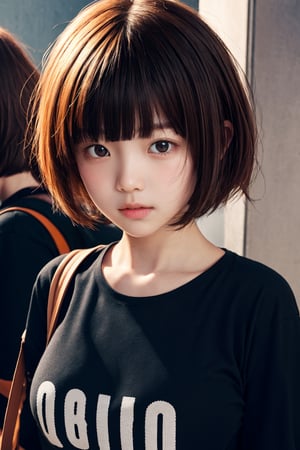 animejojihuku, kids fashion, best quality, masterpiece, illustration, realistic, photo-realistic, amazing, finely detail, incredibly absurdres, huge filesize, ultra-detailed, highres, extremely detailed CG unity 8k wallpaper, kids cloth, school girl, bob cut hair, messy hair, blush, black shirt, orange hair,
