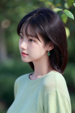  1girl, solo, looking at viewer, bangs, black hair, brown eyes, jewelry, closed mouth, upper body, earrings, medium hair, from side, sweater, lips, makeup, leaf, plant, green background, green theme, green sweater, realistic, Chinese style

