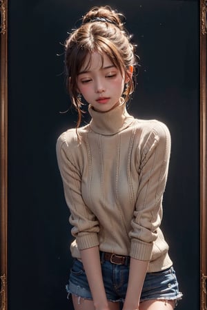 (look at the viewer:1.2), (cowboy shot:1.2),(depth of field:0.1),Hasselblad color,,1girl,spotlight,silhouette,portrait,parted lips,closed eyes,beautiful detailed skin,one hair bun,turtleneck_sweater,dark background,(upper_body from knees framing:1.5),
