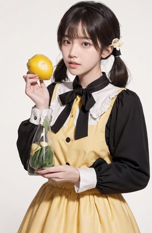 best quality, masterpiece, aesthetic, 1girl, artist name, bangs, black hair, blush, brown hair, cowboy shot, dated, flower, food, fruit, holding, leaf, lemon, lemon slice, long sleeves, looking at viewer, neck ribbon, plant, ribbon, short hair, signature, simple background, solo, upper body, white background, yellow flower, yellow ribbon, yellow shirt, yellow theme, skirt, shirt, twintails, hairband, puffy sleeves, black skirt, white flower, short twintails, puffy long sleeves, covered mouth, holding flower, 
,lolitagothi