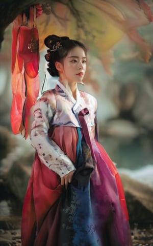  1 young korean woman oversized pants gradient dream-like,eerie,ethereal,landscapes,magic,photography,photography-color,shallow-depth-of-field by TJ Drysdale Charles Robinson,hanbok,Hanbok