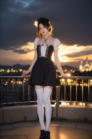 realistic, photorealistic, masterpiece, absurdres, incredibly absurdres, extremely detailed, best quality, mcostume, hat, kneehighs, full body, 1girl, solo, black hair, light smile, looking at viewer, detailed background, standing, classical european town, night, dramatic lighting,
,magical girl,dreamgirl