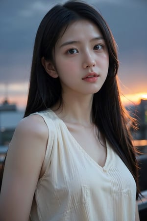  NSFW,Frontal photography,Look front,evening,dark clouds,the setting sun,On the city rooftop,A 20 year old female,Black top,Black Leggings,black hair,long hair, dark theme, muted tones, pastel colors, high contrast, (natural skin texture, A dim light, high clarity) ((sky background))((Facial highlights)),