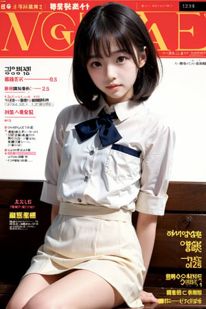 ((highest quality)), ((masterpiece)), A neat and beautiful woman sitting on a park bench,(((Magazine Cover))),(((only the body enters the shot))),(((Hands Behind back))),(look at the viewer:1.2),人：1litte 15yo gril (Child:1.4), Korean beauty,(((age 12-15:1.9))),A little girl of secondary school age, 優：High resolution, realistic and delicate high texture,Warm and delicate skin texture, 體：The body of a reasonable young girl,(child's body:0.8),The most beautiful body proportions, 髮：(bob cut hair), 服：school uniform,more detail,blue_IDphoto,((Hands Behind Your head)),Magazine Cover,magazine cover,perfect light,Hayoon,Haka