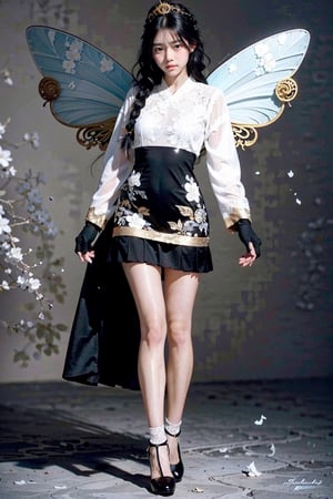 Gloves, Single, Braid, White Gloves, Wings, Fairy, Single, Flower, Fairy Wings, Long Hair, Hair Accessories, Hair Flower, White Dress, Butterfly Wings, Single, Skirt, Socks, Shoes, Brown Hair, Pleated Skirt, Knee Length, Sweater Bottoms, Watching the Audience, Black Shoes, White Socks, Full Length, Realistic, Long Sleeves, Brown Eyes, Mini Dress, Lips, Medium Hair, Bangs masterpiece, (best quality), Amazing, beautiful detailed eyes,((((1girl)))), finely detailed, Depth of field, extremely detailed CG unity 8k wallpaper,(((((full body))))),(((cute animal face))), (((a girl wears Clothes Black and white Taoist robes))),((Extremely gorgeous magic style)),((((gold and silver lace)))),(((flowing lace))),(((flowing ((black)) and white background))),(((((gorgeous detailed eyes))))),(((((((gorgeous detail face))))))),((floating hair)),(((Pick and dye black hair in white hair))),(((flowing transparent black))),(((flowing transparent white))),(((((ink))))),((((small breast)))),(((extremely detailed gorgeous tiara))),(((black and white hair))),((black hair stick)),((white hair ornament)),((gold gorgeous necklace)),((flowing hair)),(((The picture fills the canvas))),((The character is in the center of the frame)),(((flowing))),((bright pupils)),((((melt)))),(((((black and white melt))))),asian