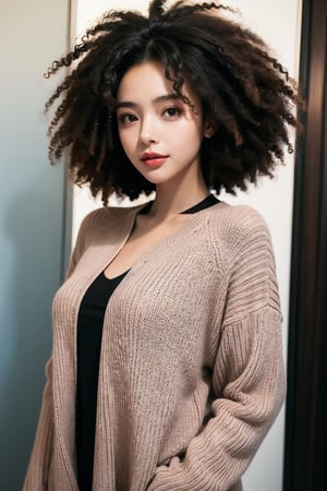 Woman with curly hair and a red sweater posing for a photo, afro encaracolado, cabelo curto preto encaracolado, cabelo encaracolado preto, cabelo afro, curly middle part haircut, com afro, cabelos cacheados, franja encaracolado, cabelo encaracolado curto escuro sorrindo, cabelos negros cacheados, afro, cabelos curtos e cacheados, cabelos cacheados e curtos, (cabelos cacheados escuros e curtos)
