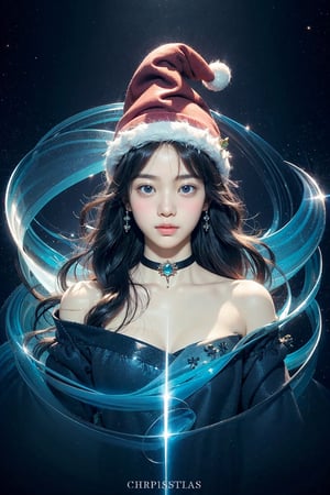  1girl, full body, artist name, gem, glowing, jewelry, long hair, looking at viewer, magic, (christmas hat), artist name, aurora, choker, constellation, embers, light particles, tutututu, hand101,perfect light