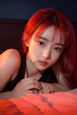 shadow flat vector art, illustrator, anime , realistic ,sketch , 1girl, close-up of a girl in bed, cinematic, professional photo, very detailed, red light, lip, Neon hair, xxmix_girl,Eimi, LinkGirl