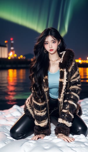 (Realisticity:1.4),Cinematic Lighting,1Girl,(korean mixed,kpop idol:1.2),earrings,necklace,(long_brown_wavy_hair),shiny_lips,eyelashes,make-up,shiny,Pore,skin texture,big breasts, (Faux fur trimmed parka,yoga pants,black_boots):1.5,((A rainbow over a mountain lake surrounded by snow capped peaks, A neo-noir mystery thriller with a twist, Northern Lights, Lustrous luster that bestows a rich and captivating sheen)),girl, Fashion Style
