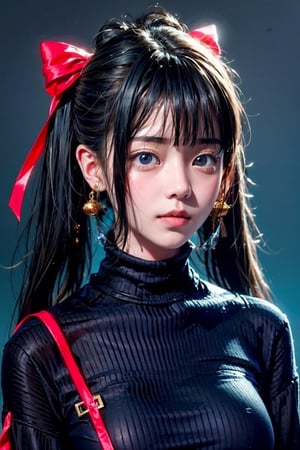 1women, 18yo, solo, long hair, sweater, red sweater, looking at viewer, blue background, black hair, simple background, two side up, turtleneck, blue eyes, lips, closed mouth, ribbon, hair ribbon, bangs, turtleneck sweater, upper body, parted bangs, black ribbon, ribbed sweater, twintails, nose,