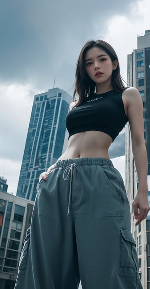  "A towering Giantess in a cool and laid-back hippie style is rocking a crop top and baggy pants. Her toned and athletic build hints at her massive strength. She seems to be casually strolling through the bustling cityscape of GTS City, as towering buildings loom overhead. Smoke and clouds roil around her, adding to the sense of epic scale and drama. The lighting is dark, gloomy, and realistic, creating a tense and ominous atmosphere. The perspective is from below, emphasizing the sheer majesty and power of the Giantess."
