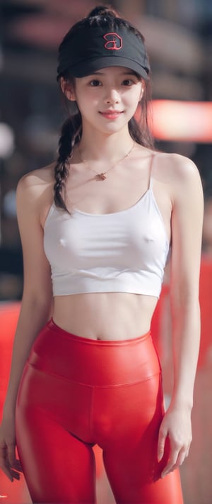  8k, masterpiece, RAW photo, best quality, photorealistic, extremely detailed CG unity 8k wallpaper, Depth of field, Cinematic Light, Lens Flare, Ray tracing, (extremely beautiful face, beautiful lips, beautiful eyes), intricate detail face, ((ultra detailed skin)) 1girl, big breasts, in the dark, deep shadow, pretty korean girl, kpop idol,(very slim slender fit-muscled body), ((looking at viewer)),(big smile), (fashion city night, (neon sign), (blurry background), midnight, (vacant city), (without people in the background), pretty korean girl, glasses, white diamond earrings, dia bracelets, dia necklace, clear eyes, walking , (pale skin), (big eyes), ((full body shot)), (baseball cap), (camel toe, shape), ((red color leggings)), ((T-shirt)), ((Ponytail)), ((smile)), one leg straight up