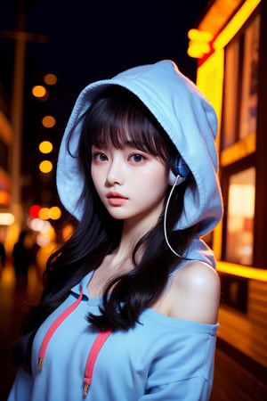 "1 girl, hoodie, blue hair, super long hair, off shoulder, feather hair ornament, Headphones around the neck, city, night, outdoor",blue_IDphoto