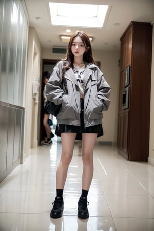 arafed woman in a jacket standing in a hallway, jacket, grey jacket, trench coat with many pockets, 2 techwear women, she is wearing streetwear, wearing jacket, short jacket, korean women's fashion model, photograph of a techwear woman, woman in streetwear, modern casual clothing, wearing off - white style,