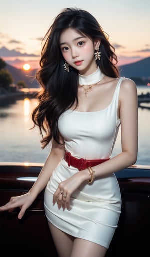 (Canon RF85mm f/1.2,best quality,Cinematic Lighting,cowboy shot),(1.2,beautiful long_Slender_legs),(long_brown_wavy_hair),(pink_shiny_lips,pink_eyeshadow,eyelashes,powder_blusher,make-up),(white_shiny_skin,black eyes,Pore,skin texture,shiny),(necklace,earrings,bracelet),big breasts,smile,Dynamic pose, ((A dramatic sunset over a mountain range, Graphic Design, Snapdragon, humorous)),((Modern and minimalist shirt dress with a pointed collar and belted waist)),