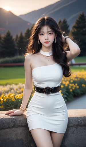 (Canon RF85mm f/1.2,best quality,Cinematic Lighting,cowboy shot),(1.2,beautiful long_Slender_legs),(long_brown_wavy_hair),(pink_shiny_lips,pink_eyeshadow,eyelashes,powder_blusher,make-up),(white_shiny_skin,black eyes,Pore,skin texture,shiny),(necklace,earrings,bracelet),big breasts,smile,Dynamic pose, ((A dramatic sunset over a mountain range, Graphic Design, Snapdragon, humorous)),((Modern and minimalist shirt dress with a pointed collar and belted waist)),