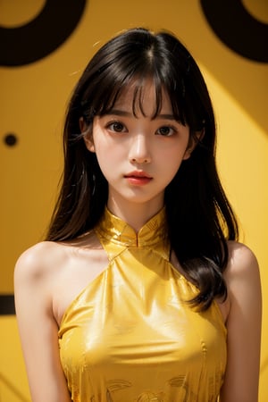  (masterpiece, top quality, best quality, ((standing in centre)), ((1girl, black hair)), ((upper body, symmetrical composition)), ((wear yellow abstract patterns dress bold lines, geometric shapes)), (pure yellow abstract patterns background), ((studio light)) ((studio portrait)), emotional face, face front, extreme detailed
,xuer Gold