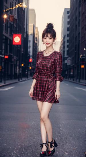 Canon RF85mm f/1.2,best quality,ultra highres,1 girl,(standing,beautiful long_Slender_legs),(korean mixed,kpop idol:1.2),shiny_white_skin,necklace,earrings,brown_wavy_hair,bangs,red_shiny_lips,eyelashes,make-up,shiny,Pore,skin texture,big breasts,(hair bun,plaid_dress,Pointed-toe_loafers):1.8,(standing outside in city street,deserted street:1.4),(sunshine:1.3)