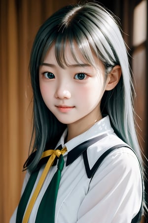  1 girl, solo, silver hair, ***** looks like 10 years old, green eyes, looking at the audience, the best quality, masterpiece, high-level, official art, extremely detailed CG unified 8K wallpaper, sweet smile, healthy and energetic skin tone, big eyes, upper body, in class, JK school uniform,chocolae_roudiao