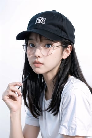  (best quality), ((masterpiece)), (highres), illustration, original, extremely detailed wallpaper. dkgirl, 1girl, solo, black hair, hat, black headwear, long hair, glasses, round eyewear, holding, hair between eyes, camera, bangs, closed mouth, baseball cap, looking at viewer, upper body, shirt, holding camera, black shirt, artist name, blurry, red lips, black-framed eyewear, depth of field, black eyes, white background,moyou, 30710, white pantyhose, dofas,more detail 