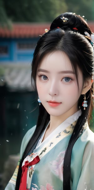  1girl,(((face focus))), sole_female,standing,daxiushan,daxiushan style,hanfu,
((upper_body:0.7)),full breasts, (((larger breasts:1.2))),long hair,blue eyes,Pastel lips, pupil,earrings,jewelry,(perfect face), shiny skin, 
(china jiangnan water town style),water, wet, 
masterpiece, best quality,depth of field, cinematic composition, best lighting,light master,RAW photo, dslr, film grain, Fujifilm XT3, night shot,Hanbok