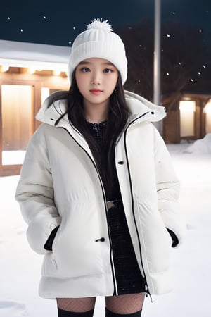 masterpiece, best quality,1girl, nightsnowstyle, winterstyle, a girl in a white coat and hat is standing in the (snow), portrait jisoo blackpink, with bright black eyes, portrait , photography , in night, (upper_body from knees framing:1.5), shot on hasselblad, real photo
,sooyaaa