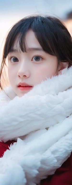  A short-haired girl standing in the snow, Red Coat, head up, breeze blowing hair, snow, snowflakes, depth of field, telephoto lens, messy hair, (close-up) , (sad) , sad and melancholy atmosphere, reference movie love letter, profile, head up, ((floating)) bangs or fringes of hair, eyes focused, half-closed, center frame, bottom to top,
