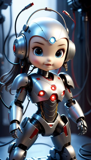 Imagine a heartwarming fighting scene featuring a scary little Iron woman robot. Picture a small, ((Full front shot)), ((full body)), best quality,an extremely delicate and beautiful,Chest covered,cinematic light, (1mechanical girl), solo, ((long hair)), Hanging by wires and tubes, (machine made joints:1.2), mechanical limbs,
 (blood vessels connected to tubes), (mechanical vertebra attaching to back), mechanical cervical attaching to neck, (sitting), (chest covered),
 (wires and cables attaching to neck:1.2), (beauty and cute on head:1.2), (character focus), science fiction, (((very small yet adorable body))), cheerfully saying hi to the viewer. Envision this super cute image embodying the charm of technology in a tiny, endearing package, set against a hell background. Capture the scary and wisdom of the darkness season with this delightful depiction of a robotic demon spreading cheer.from below,Chibi Style,3d figure