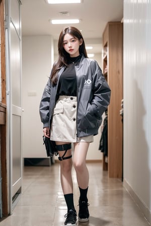 arafed woman in a jacket standing in a hallway, jacket, grey jacket, trench coat with many pockets, 2 techwear women, she is wearing streetwear, wearing jacket, short jacket, korean women's fashion model, photograph of a techwear woman, woman in streetwear, modern casual clothing, wearing off - white style,