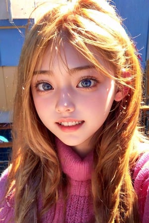 1 korean little girl,Pure and restrained little girl,(((little girl of elementary school age))),A little girl of primary school age, woman with long hair, knitted jumper, feminine looking, without makeup, beauty, feminine face, happy, blond, flirting, selfie, biting lips